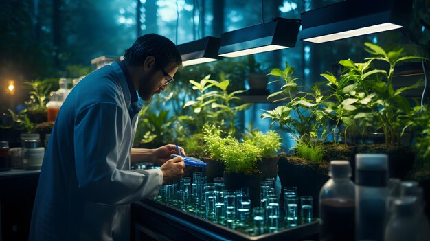 arafed man lab coat looking plants greenhouse generative ai 561855 21599