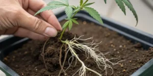 Cannabis seedling with exposed roots being transplanted into outdoor soil, showing early cannabis growth stages and root development